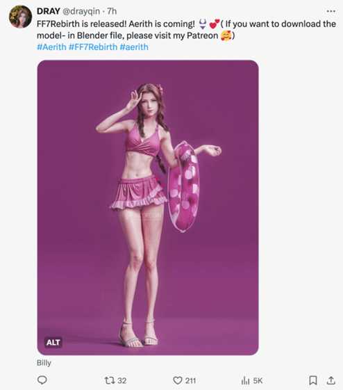 谁是你的菜?《FF7重生》泳装爱丽丝3D模型已竣工