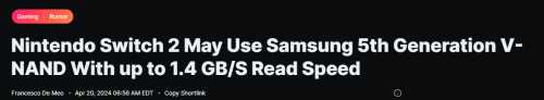 曝Switch 2或采用三星第5代V-NAND:读取速度提升