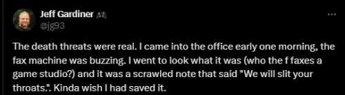 B社辐射3开发者曾遭死亡威胁:对方扬言割断其喉咙